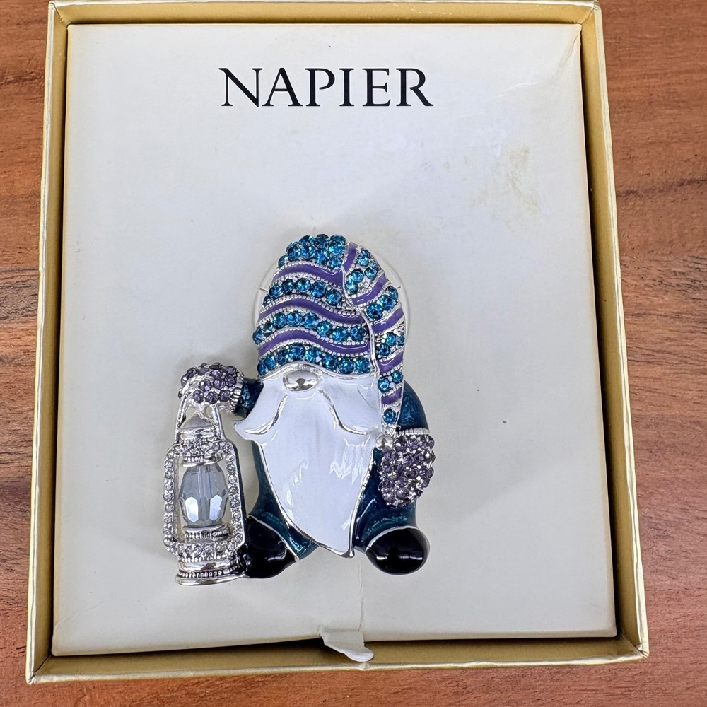 Napier Holiday Gnome Brooch Silver Tone Blue Enamel Rhinestone Lantern Pin New